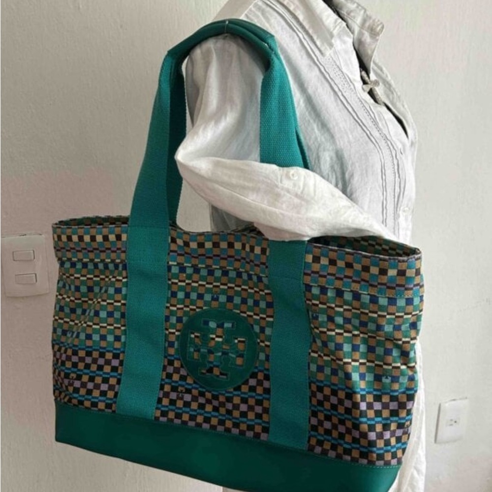 Tory Burch Blue and Brown Geometric Tote Bag